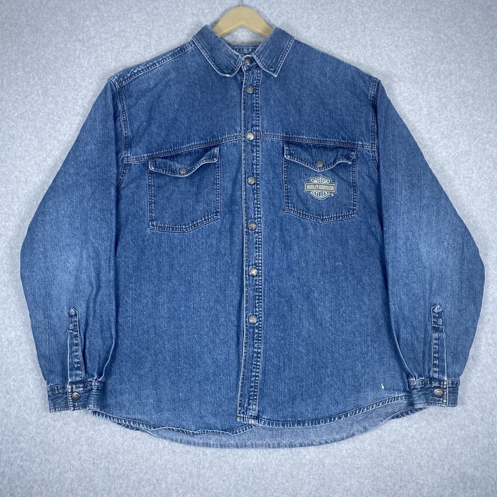 Harley Davidson Denim Shirt Mens XL Blue Long Sleeve Embroidered Logo B8-69
